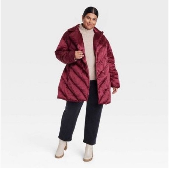 Women's Plus Size Puffer Jacket - Ava & Viv Berry Red - Picture 4 of 8